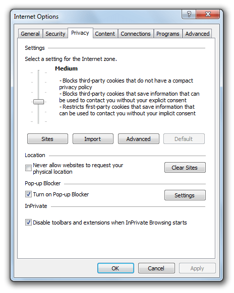 IE9 - Privacy Settings IE9 Privacy Settings