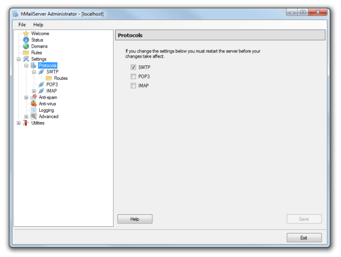 Three protocols are available in hMailServer: SMTP, POP3, and IMAP.