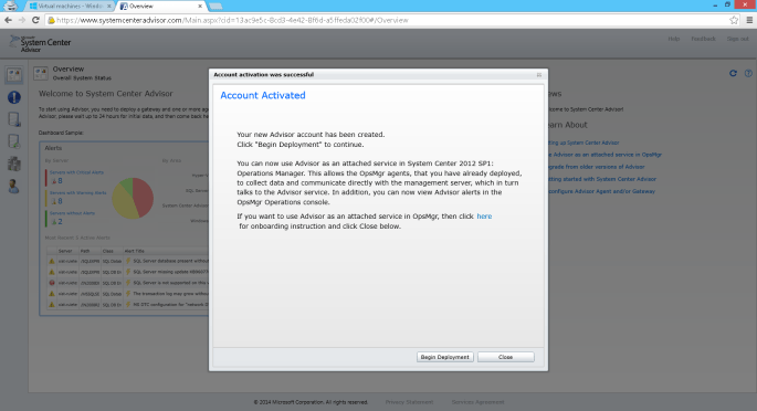 Activated account before the deployment of Advisor software on the server