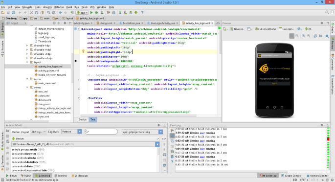 Android Studio with the login page of Entertainment Connect.