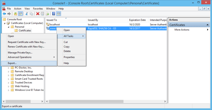 Export certificate from Microsoft Management Console.