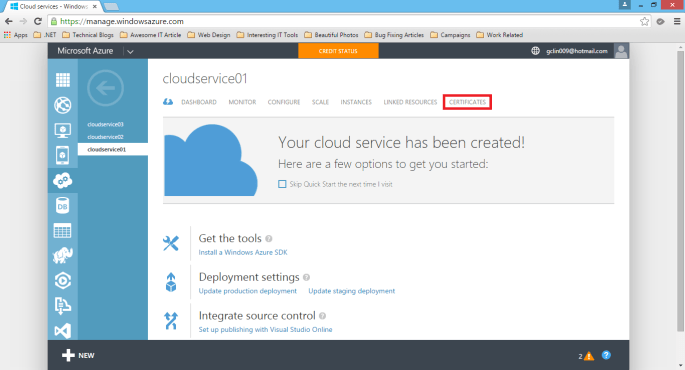 Upload certificate to Microsoft Azure in the Certificates tab.