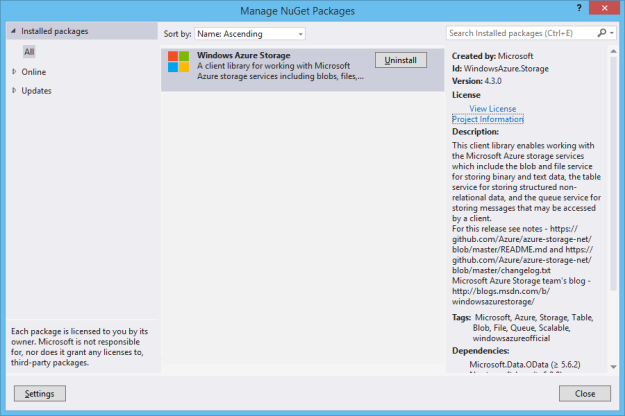 Windows Azure Storage NuGet Package needs to be installed first.